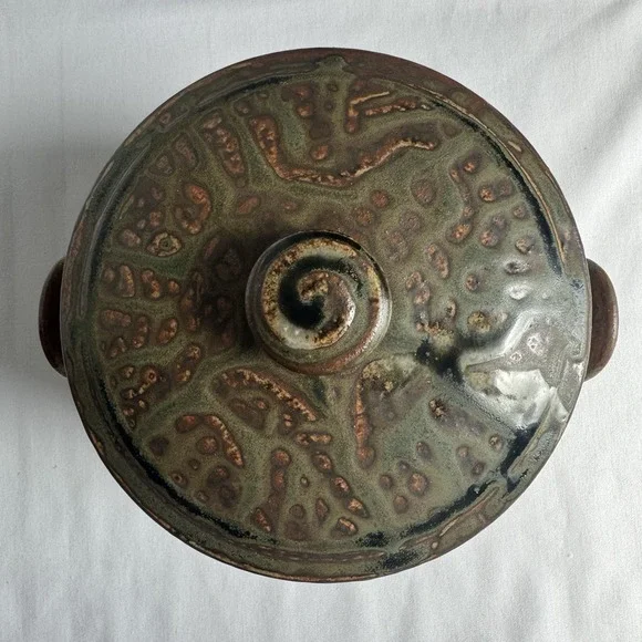 Studio Pottery Lidded Casserole Dish Signed Drip Glaze Earth Tone MCM Organic - Picture 2 of 12